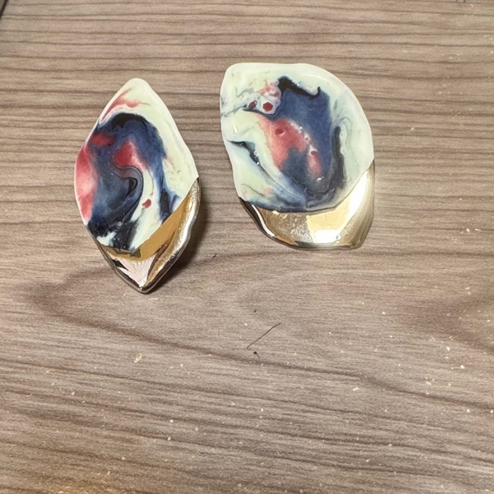Abstract handmade clip on enamel Leaf Earrings with silver Accents New no tag